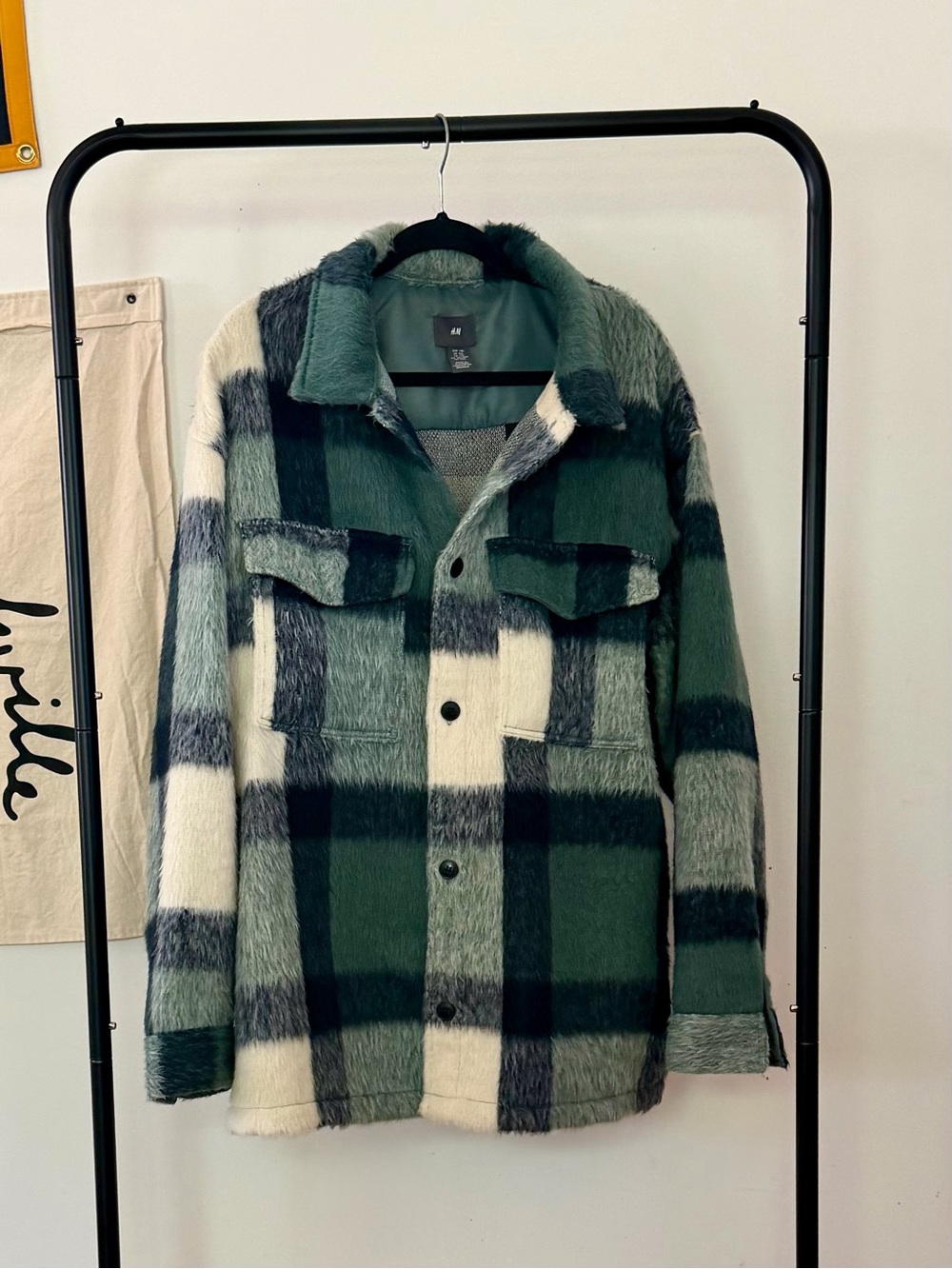H&M Green, Cream & Dark Navy Plaid Shaggy Button Jacket